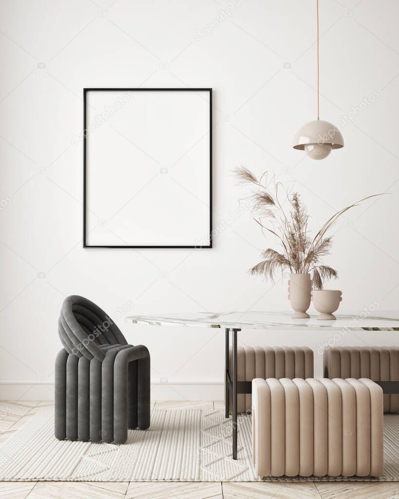 mock up poster frame in modern interior background, living room, minimalistic style, 3D render, 3D illustration