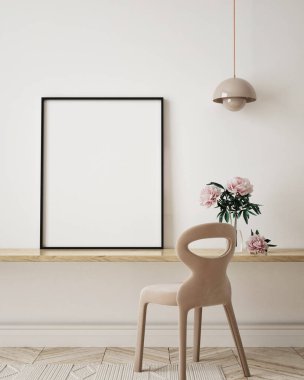 Modern iç plan, oturma odası, minimalist tarz, 3D çizim, 3D illüstrasyon