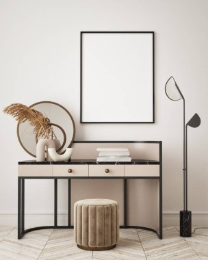 Modern iç arka planda poster çerçevesi, İçişleri Bakanlığı, İskandinav tarzı, 3D çizim, 3D illüstrasyon