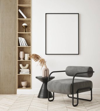 Modern iç plan, oturma odası, minimalist tarz, 3D çizim, 3D illüstrasyon