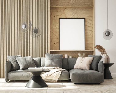 Modern iç plan, oturma odası, minimalist tarz, 3D çizim, 3D illüstrasyon