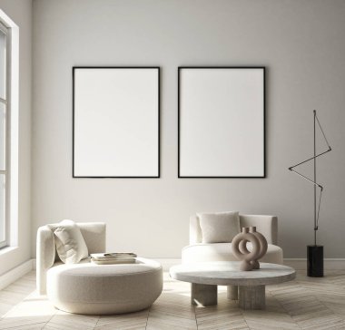 Modern iç plan, oturma odası, minimalist tarz, 3D çizim, 3D illüstrasyon