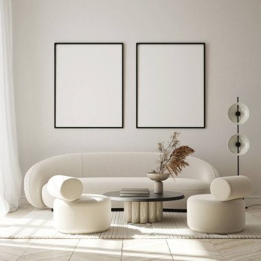 Modern iç plan, oturma odası, minimalist tarz, 3D çizim, 3D illüstrasyon