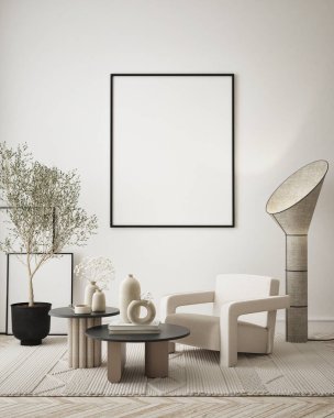 Modern iç plan, oturma odası, minimalist tarz, 3D çizim, 3D illüstrasyon