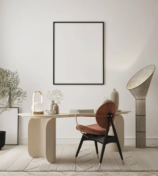 Mock Poster Frame Modern Interior Background Home Office Minimalistik Gaya — Stok Foto