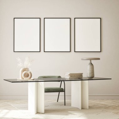 Modern iç plan, oturma odası, minimalist tarz, 3D çizim, 3D illüstrasyon