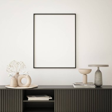 Modern iç plan, oturma odası, minimalist tarz, 3D çizim, 3D illüstrasyon