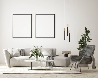 Modern iç plan, oturma odası, minimalist tarz, 3D çizim, 3D illüstrasyon