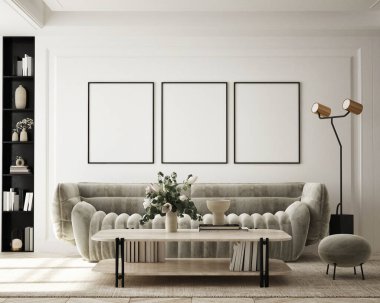 Modern iç plan, oturma odası, minimalist tarz, 3D çizim, 3D illüstrasyon
