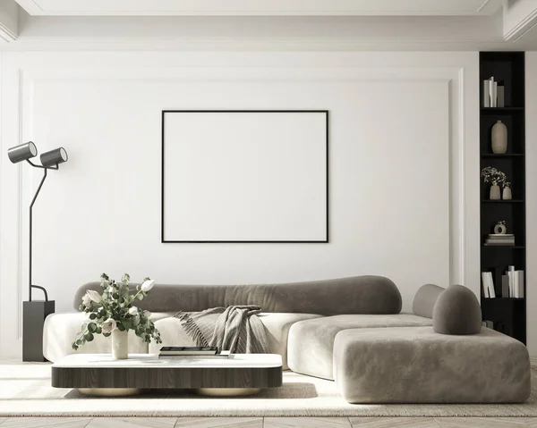 Modelovat Rámeček Plakátu Moderním Interiéru Obývací Pokoj Minimalistický Styl Vykreslování — Stock fotografie