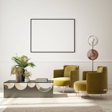 Modern iç plan, oturma odası, minimalist tarz, 3D çizim, 3D illüstrasyon