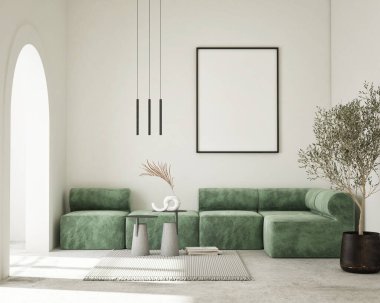 Modern iç plan, oturma odası, minimalist tarz, 3D çizim, 3D illüstrasyon