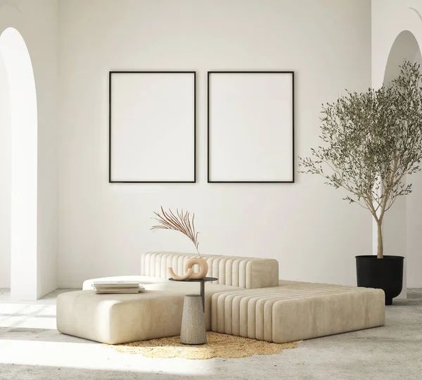 Mock Cadru Poster Fundal Interior Modern Living Stil Minimalist Randare — Fotografie, imagine de stoc