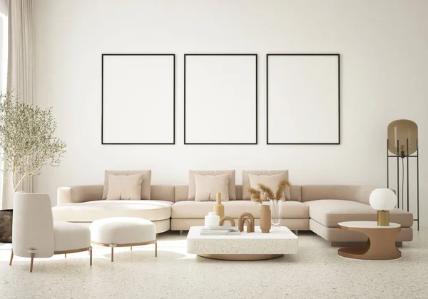 Model Poster Frame Moderne Interieur Achtergrond Woonkamer Minimalistische Stijl Render — Stockfoto