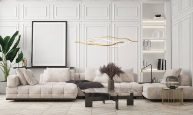 Modern ev içi arka plan, oturma odası, minimalist tarz, 3D çizim, 3D resim