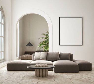 Modern ev içi arka plan, oturma odası, minimalist tarz, 3D görüntü, 3D görüntü