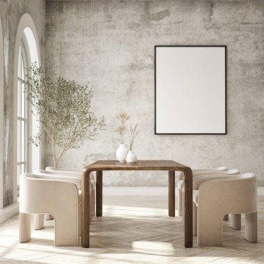 Modern ev içi arka plan, oturma odası, minimalist tarz, 3D çizim, 3D resim