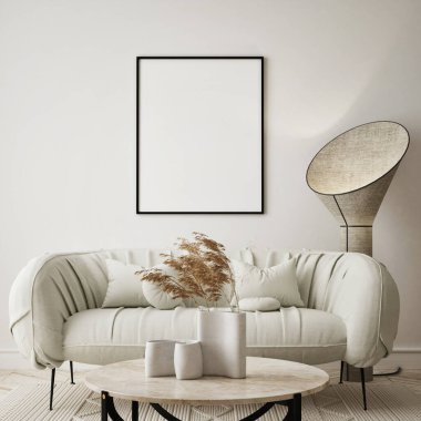 Modern ev içi arka plan, oturma odası, boho - İskandinav tarzı, 3D çizim, 3D resim