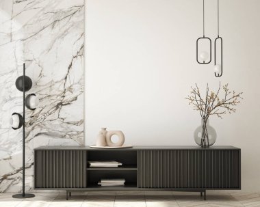 Modern ev içi arka plan, oturma odası, lüks tarz, 3D görüntü, 3D görüntü.