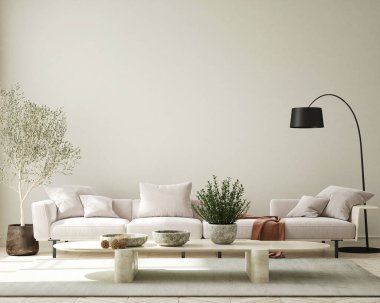 Duvar 'ı, modern ev iç mimarisini, oturma odasını, İskandinav tarzını, 3 boyutlu çizimi, 3 boyutlu illüstrasyonunu düzenle