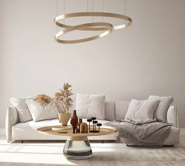 Mock up Wall, modern home interior background, living room, scandinavian style, 3D render, 3D illustration