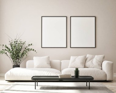 Modern iç plan, oturma odası, İskandinav tarzı, 3D çizim, 3D resim