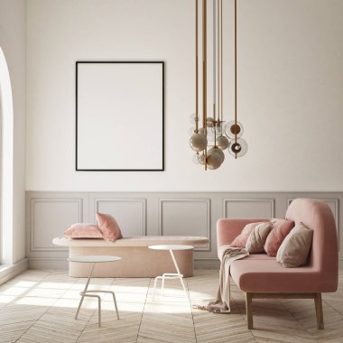 Modern iç plan, oturma odası, İskandinav tarzı, 3D çizim, 3D resim