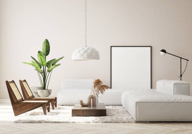 Modern iç plan, oturma odası, İskandinav tarzı, 3D çizim, 3D resim