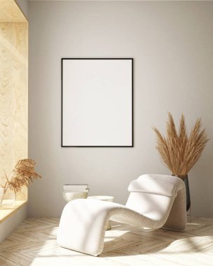 Modern iç plan, oturma odası, İskandinav tarzı, 3D çizim, 3D resim