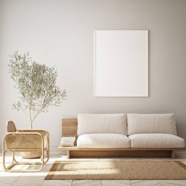 Modern iç plan, oturma odası, İskandinav tarzı, 3D çizim, 3D resim