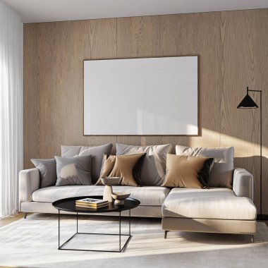 Modern Oturma Odası Posteri Doğal Işık ve Minimalist Dekorasyonlu Model. 3 Boyutlu Hazırlama.