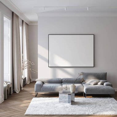Modern Oturma Odası Posteri Doğal Işık ve Minimalist Dekorasyonlu Model. 3 Boyutlu Hazırlama.