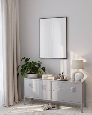 Modern Oturma Odası Posteri Doğal Işık ve Minimalist Dekorasyonlu Model. 3 Boyutlu Hazırlama.