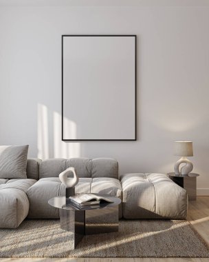 Modern Oturma Odası Posteri Doğal Işık ve Minimalist Dekorasyonlu Model. 3 Boyutlu Hazırlama.