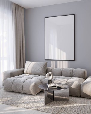 Modern Oturma Odası Posteri Doğal Işık ve Minimalist Dekorasyonlu Model. 3 Boyutlu Hazırlama.