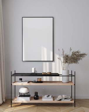 Modern Oturma Odası Posteri Doğal Işık ve Minimalist Dekorasyonlu Model. 3 Boyutlu Hazırlama.