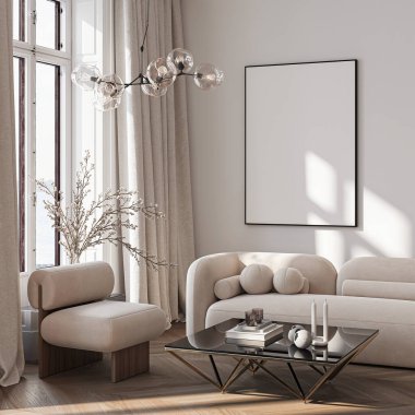 Modern Oturma Odası Posteri Doğal Işık ve Minimalist Dekorasyonlu Model. 3 Boyutlu Hazırlama.