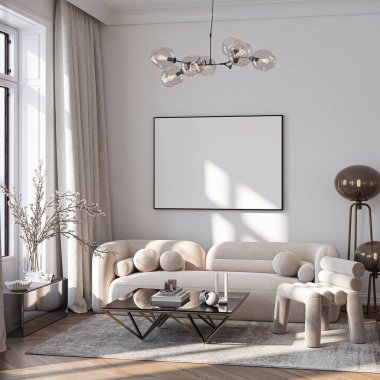 Modern Oturma Odası Posteri Doğal Işık ve Minimalist Dekorasyonlu Model. 3 Boyutlu Hazırlama.