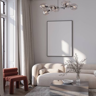 Modern Oturma Odası Posteri Doğal Işık ve Minimalist Dekorasyonlu Model. 3 Boyutlu Hazırlama.