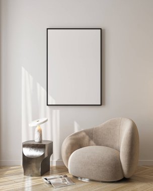 Modern Oturma Odası Posteri Doğal Işık ve Minimalist Dekorasyonlu Model. 3 Boyutlu Hazırlama..