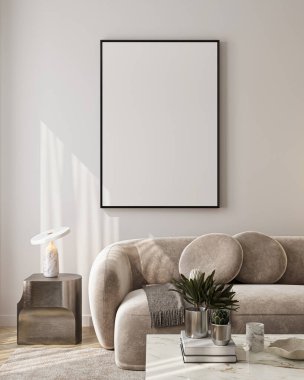 Modern Oturma Odası Posteri Doğal Işık ve Minimalist Dekorasyonlu Model. 3 Boyutlu Hazırlama..