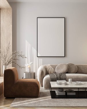 Modern Oturma Odası Posteri Doğal Işık ve Minimalist Dekorasyonlu Model. 3 Boyutlu Hazırlama..