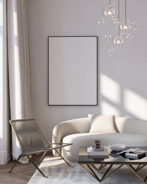 Modern Oturma Odası Posteri Doğal Işık ve Minimalist Dekorasyonlu Model. 3 Boyutlu Hazırlama.