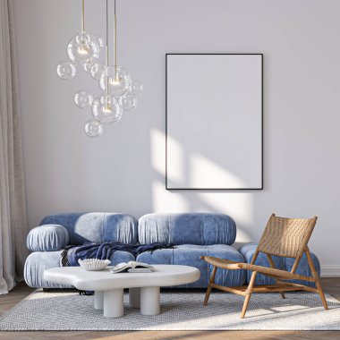 Modern Oturma Odası Posteri Doğal Işık ve Minimalist Dekorasyonlu Model. 3 Boyutlu Hazırlama..