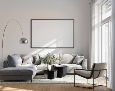 Modern Oturma Odası Posteri Doğal Işık ve Minimalist Dekorasyonlu Model. 3 Boyutlu Hazırlama.