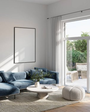 Modern Oturma Odası Posteri Doğal Işık ve Minimalist Dekorasyonlu Model. 3 Boyutlu Hazırlama.