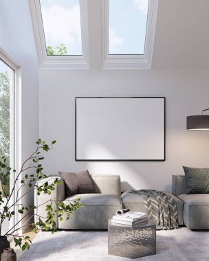Modern Oturma Odası Posteri Doğal Işık ve Minimalist Dekorasyonlu Model. 3 Boyutlu Hazırlama.