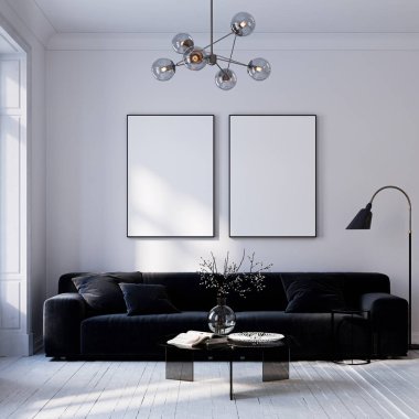Modern Oturma Odası Posteri Doğal Işık ve Minimalist Dekorasyonlu Model. 3 Boyutlu Hazırlama.