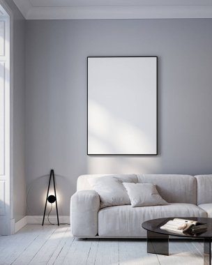 Modern Oturma Odası Posteri Doğal Işık ve Minimalist Dekorasyonlu Model. 3 Boyutlu Hazırlama.