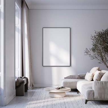Modern Oturma Odası Posteri Doğal Işık ve Minimalist Dekorasyonlu Model. 3 Boyutlu Hazırlama.